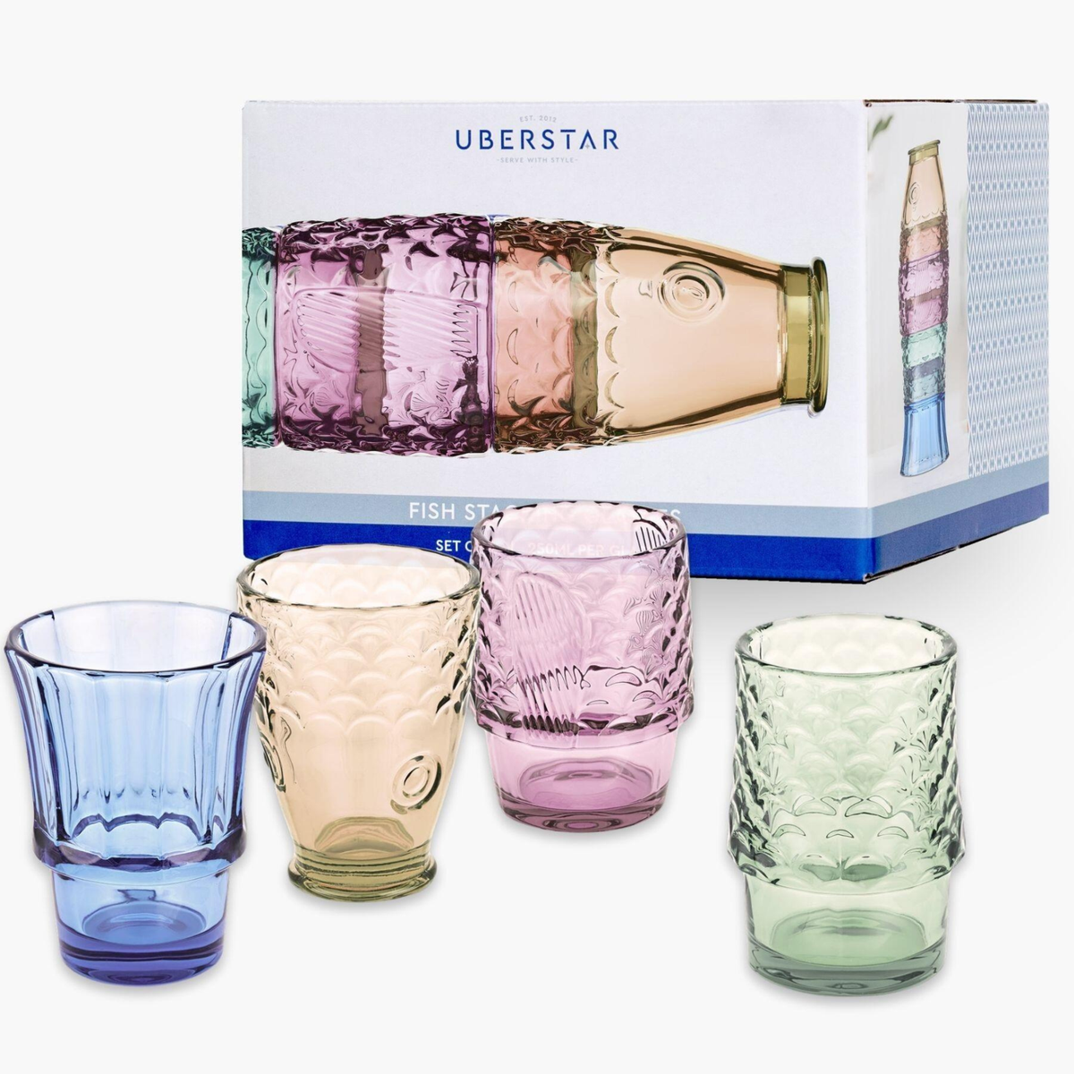 Fiskeglas 4stk sæt, Regnbue
