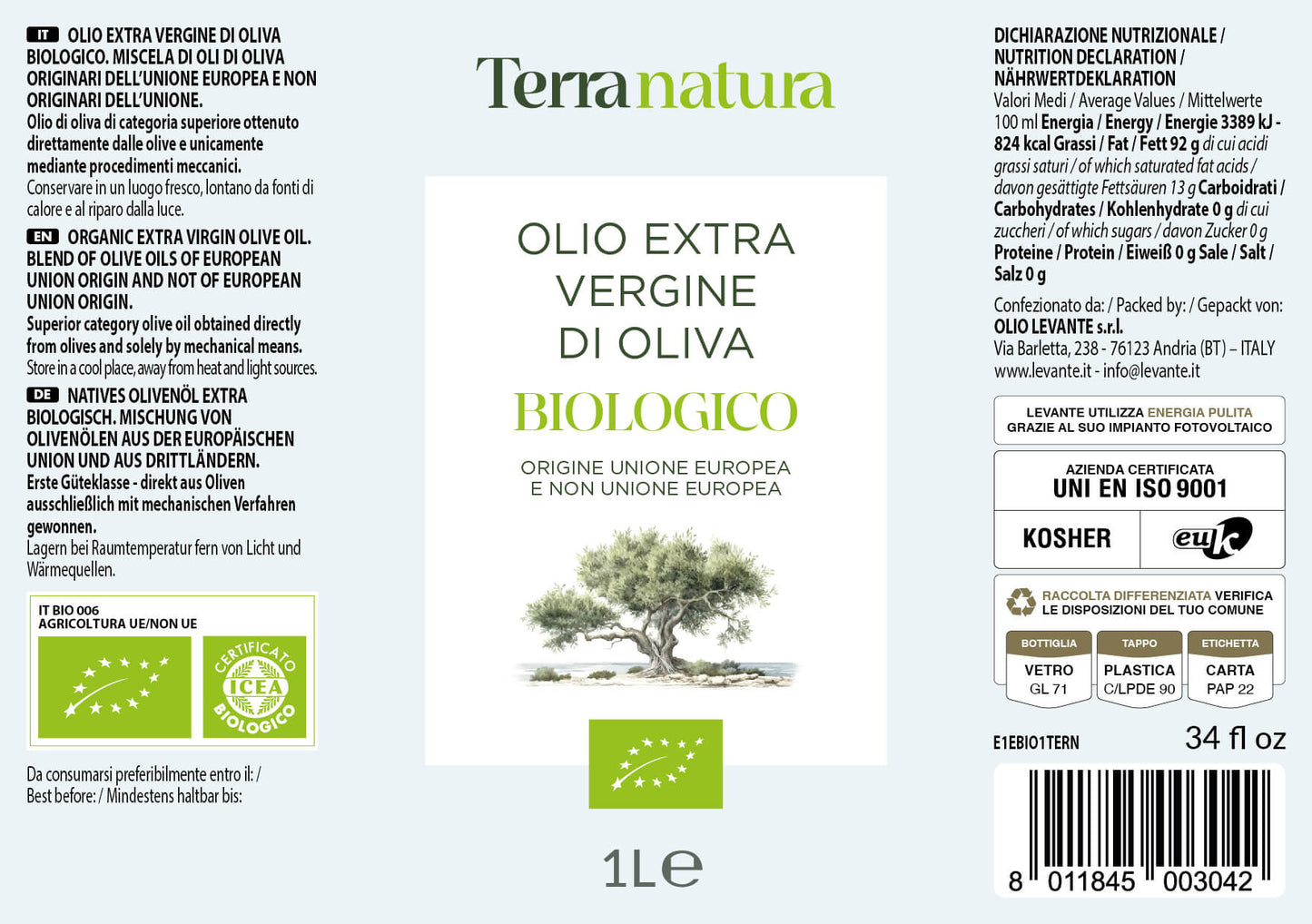 Italiensk Terra natura  ekstra jomfruolivenolie BIO 1L